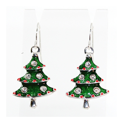 Enamel Christmas Tree Earrings - Silver Plate