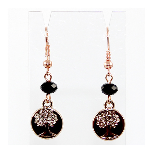 Rose Gold Tree of Life with Swarovski Crystal Briolette Earrings - Jet and Rose Gold