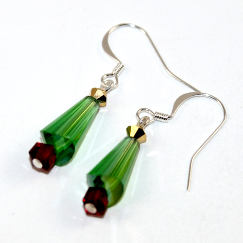 Christmas Cone Tree Earrings - Czech Glass - Peridot AB with Silver Findings