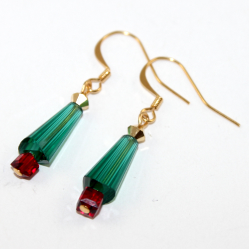 Christmas Cone Tree Earrings - Czech Glass - Emerald AB with Gold Findings