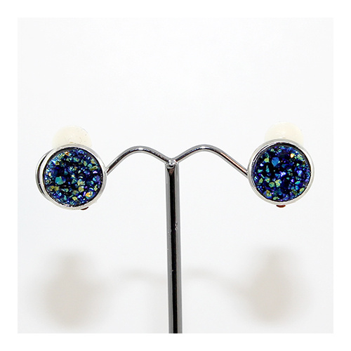 Druzy - Silver Framed Round Clip-on Earrings - Bermuda Blue