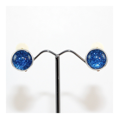 Glitter - Silver Framed Round Clip-on Earrings - Blue