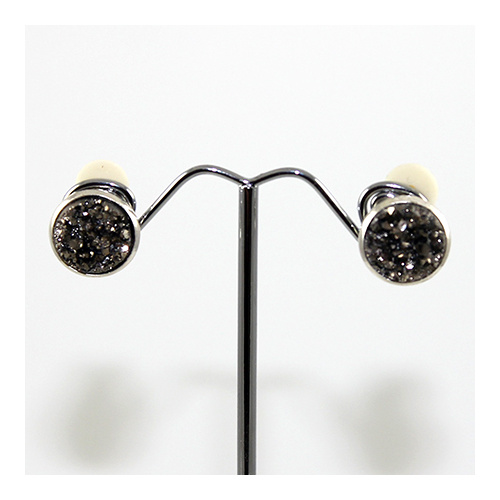 Druzy - Silver Framed Round Clip-on Earrings - Silver Night