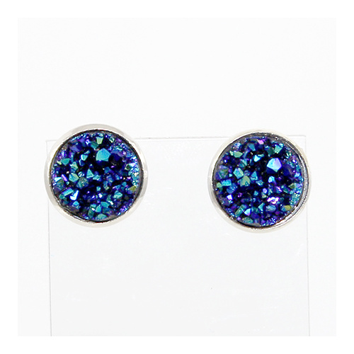 Druzy Earrings - Silver Framed Round Stud - Bermuda Blue