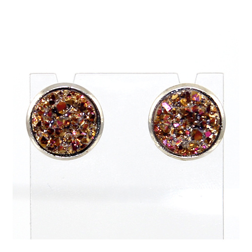 Druzy Earrings - Silver Framed Round Stud - Gold & Pink