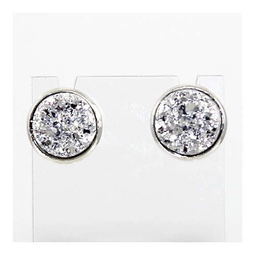Druzy Earrings - Silver Framed Round Stud - Silver Shade
