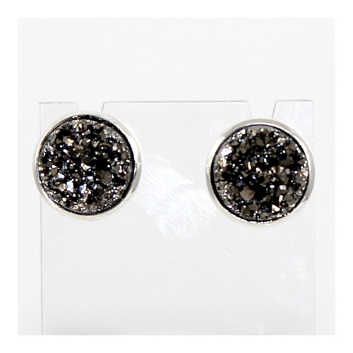 Druzy Earrings - Silver Framed Round Stud - Silver Night
