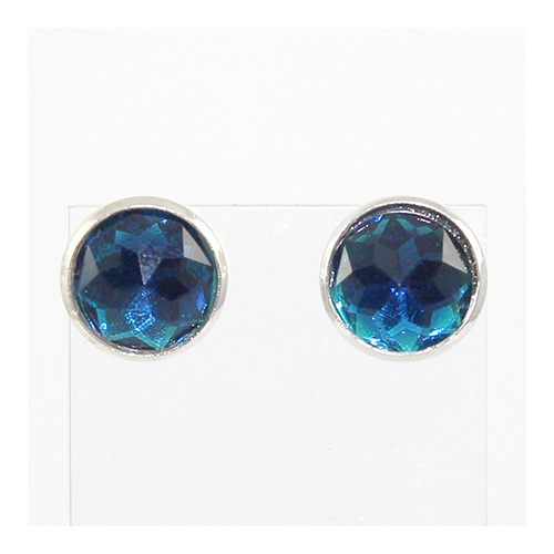 Faceted - Silver Framed Round Stud Earrings - Blue