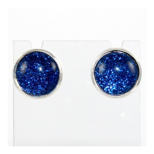 Glitter Earrings - Silver Framed Round Stud Earrings - Blue