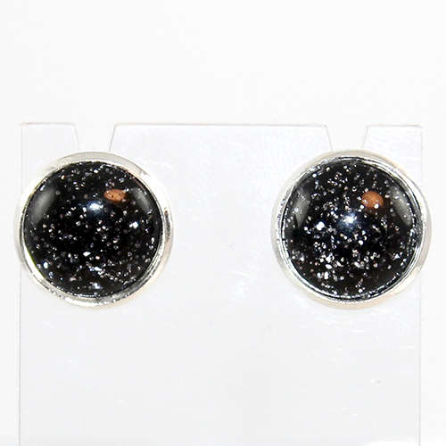 Glitter Earrings - Silver Framed Round Stud Earrings - Black