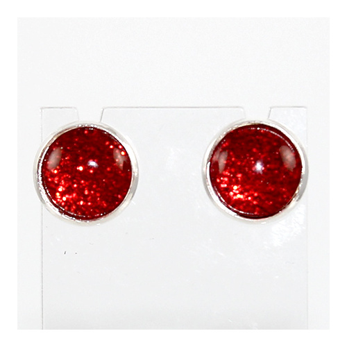 Glitter Earrings - Silver Framed Round Stud Earrings - Red