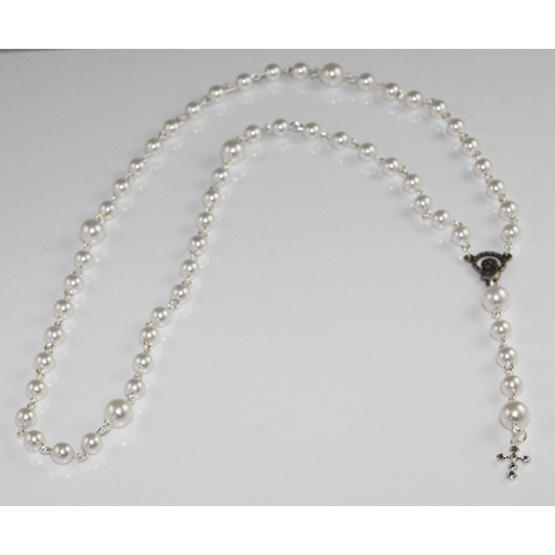 Pearl Rosary Beads with Round Crystal Cross - Swarovski© Crystal and Antique Silver Plated