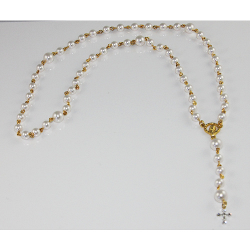 Pearl Rosary Beads with Round Crystal Cross - Swarovski© Crystal and Gold Plated