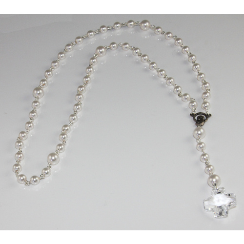 Pearl Rosary Beads with 20mm Square Crystal Cross - Swarovski© Crystal and Antique Silver Plated