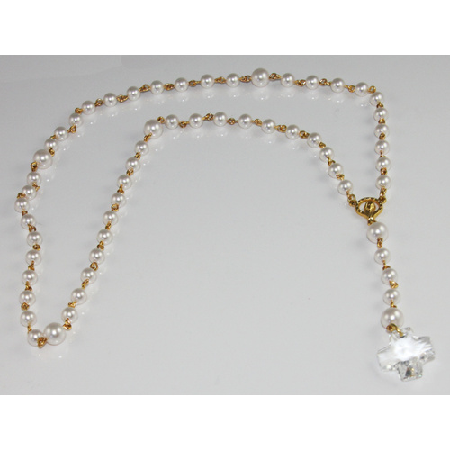 Pearl Rosary Beads with 20mm Square Crystal Cross - Swarovski© Crystal and Gold Plated