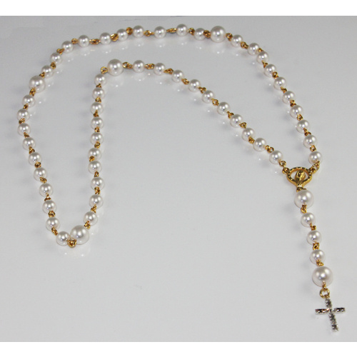 Pearl Rosary Beads with Silver Baguette Cross - Swarovski© Crystal and Gold Plated