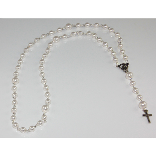Pearl Rosary Beads with 15mm Crucifix - Swarovski© Crystal and Antique Silver Plated