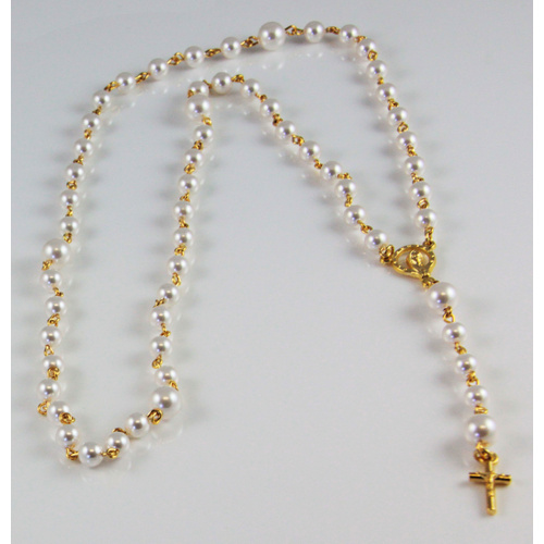 Pearl Rosary Beads with 15mm Crucifix - Swarovski© Crystal and Gold Plated
