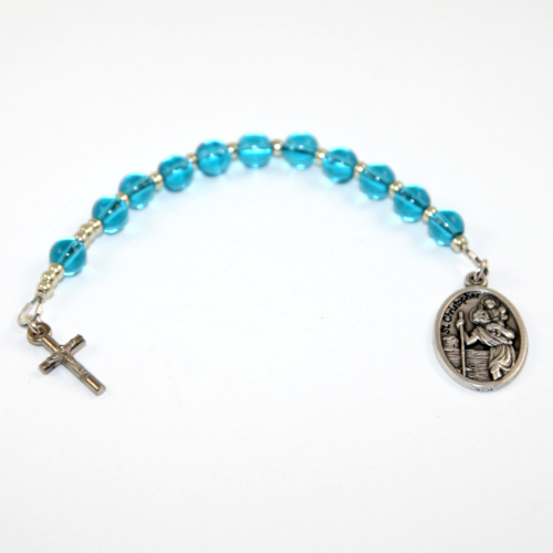 Pocket Rosary - Blue Glass with Silver Cross and St Christopher Holy Medal 