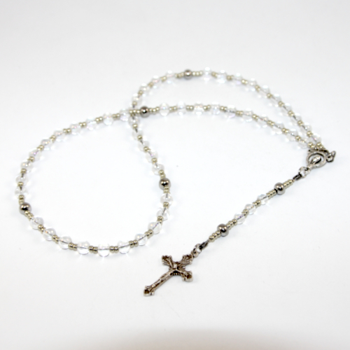 Rosary Beads - Glass and Antique Silver with 30mm Crucifix - Clear Glass Beads