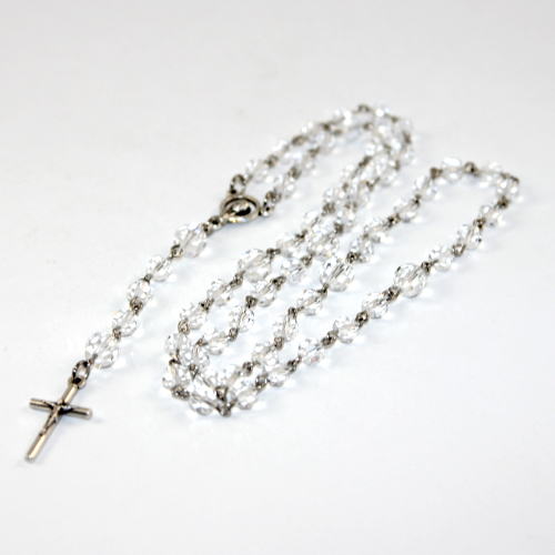 Crystal Rosary Beads with 25mm Antique Silver Crucifix - Crystal and Antique Silver Plated