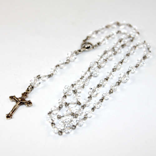 Crystal Rosary Beads with 30mm Antique Silver Crucifix - Crystal and Antique Silver Plated