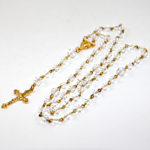 Crystal Rosary Beads with 30mm Gold Crucifix - Crystal and Gold Plated