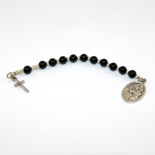 Pocket Rosary - Black Agate with Antique Silver Cross and St Christopher Holy Medal
