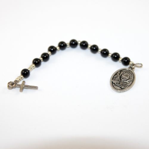 Pocket Rosary - Black Agate with Antique Silver Cross and First Holy Communion Medal
