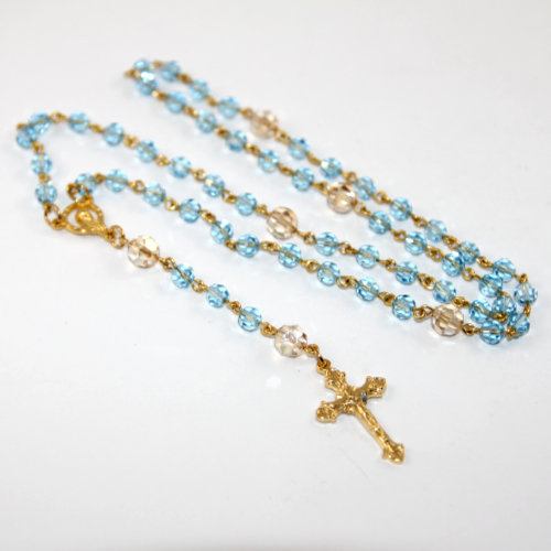 Crystal Rosary Beads with 30mm Crucifix - Aquamarine Swarovski© Crystal and Gold Plated