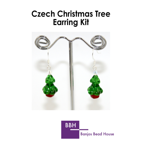 Earring Kit - Czech Christmas Tree - Green - Silver Findings