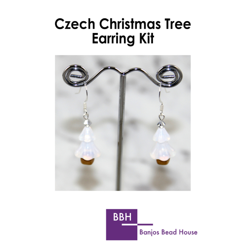 Earring Kit - Czech Christmas Tree - White Opal - Silver Findings