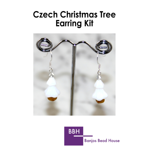 Earring Kit - Czech Christmas Tree - Chalk White - Silver Findings