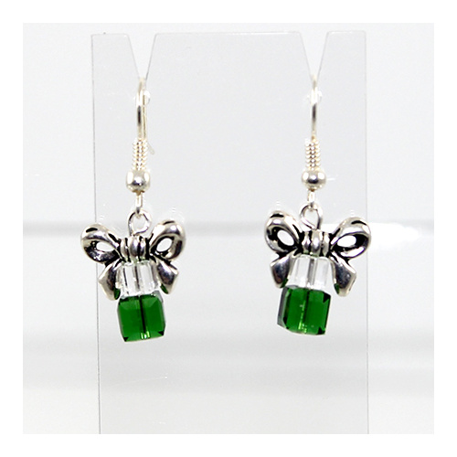 Present Earrings - Crystal & Dark Moss Green - Silver Findings