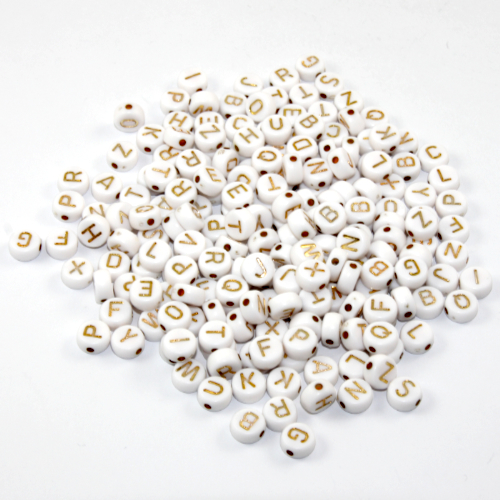 Pack of 200 - 7mm Alphabet Acrylic Flat Round Bead Mix - White & Gold 