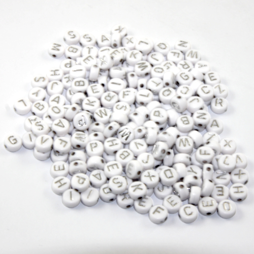Pack of 200 - 7mm Alphabet Acrylic Flat Round Bead Mix - White & Silver