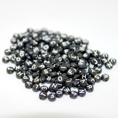 Pack of 200 - 7mm Alphabet Acrylic Flat Round Bead Mix - Black & White