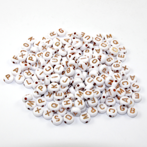 Pack of 200 - 7mm Alphabet Acrylic Flat Round Bead Mix - White & Rose Gold 