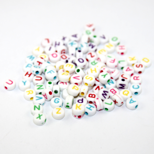 Pack of 200 - 7mm Alphabet Acrylic Flat Round Bead Mix - White & Mixed Colours 