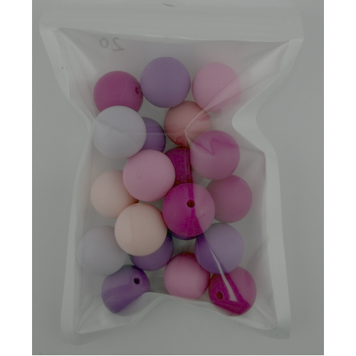 Pack of 16 - 15mm Silicone Round Beads - Pinks, Purples