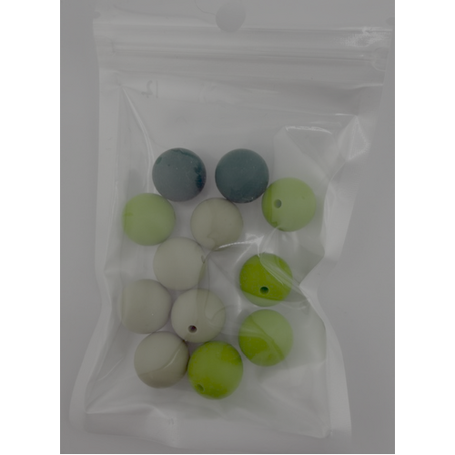 Pack of 12 - 15mm Silicone Round Beads - Greens