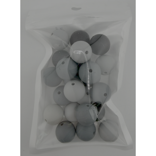 Pack of 23 - 15mm Silicone Round Beads - Greys, Blacks