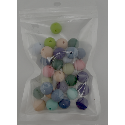Pack of 31 - 12mm Silicone Round Beads - Blues, Greens and Pinks
