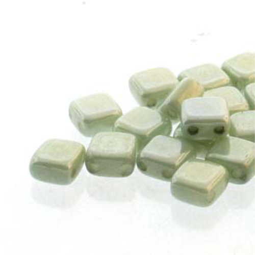 5mm 2-Hole Tile - Chalk Light Green Luster - CZTWN05-02010-14457 -  30 Bead Strand