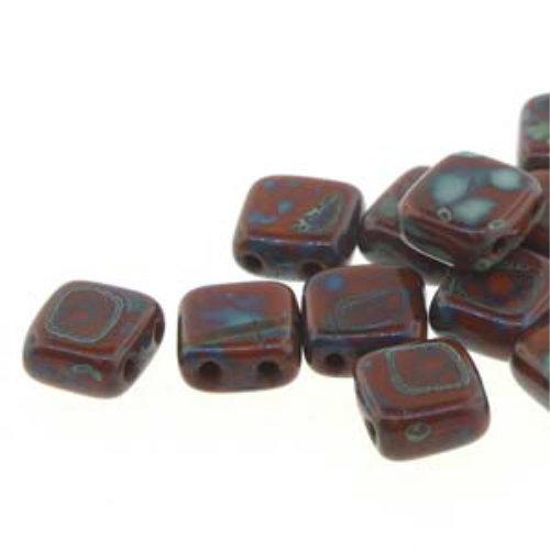 6mm 2-Hole Tile - Opaque Chocolate Picasso - CZTWN06-13600-86800 -  25 Bead Strand