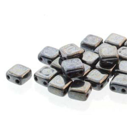 6mm 2-Hole Tile - Jet Hematite - CZTWN06-23980-14400 - 25 Bead Strand