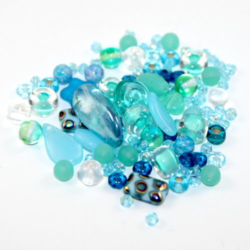 Czech Pressed Glass Mixed Beads - Aqua - 25gm Bag
