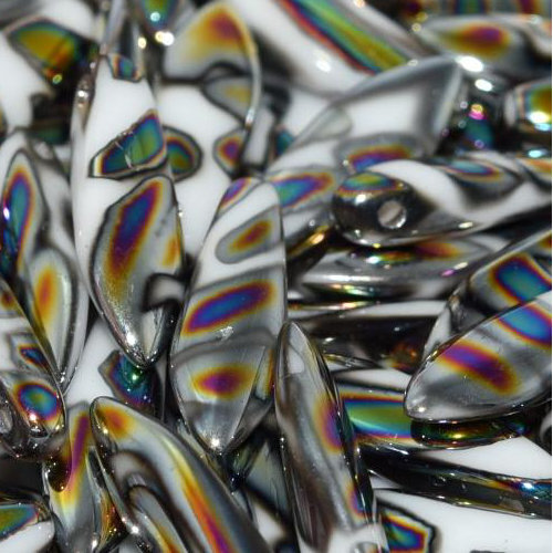 5mm x 16mm Dagger Bead - Chalk White Vitrail Stripes - 03000-2810V - 25 Piece Bag