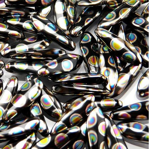 5mm x 16mm Dagger Bead - Jet Vitrail Dots - 23980-2810A - 25 Piece Bag