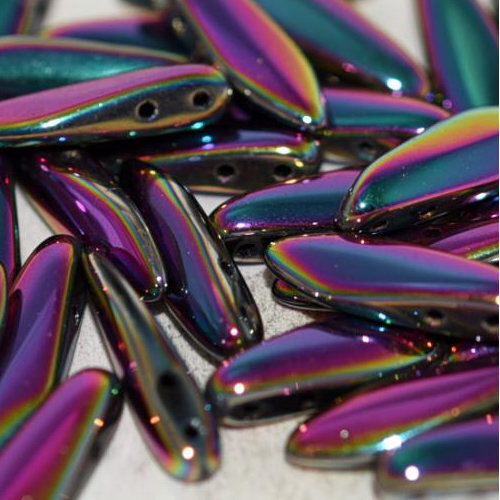 5mm x 16mm 2 Hole Dagger Bead - Jet Full Vitrail Green - 23980-29443 - 25 Piece Bag